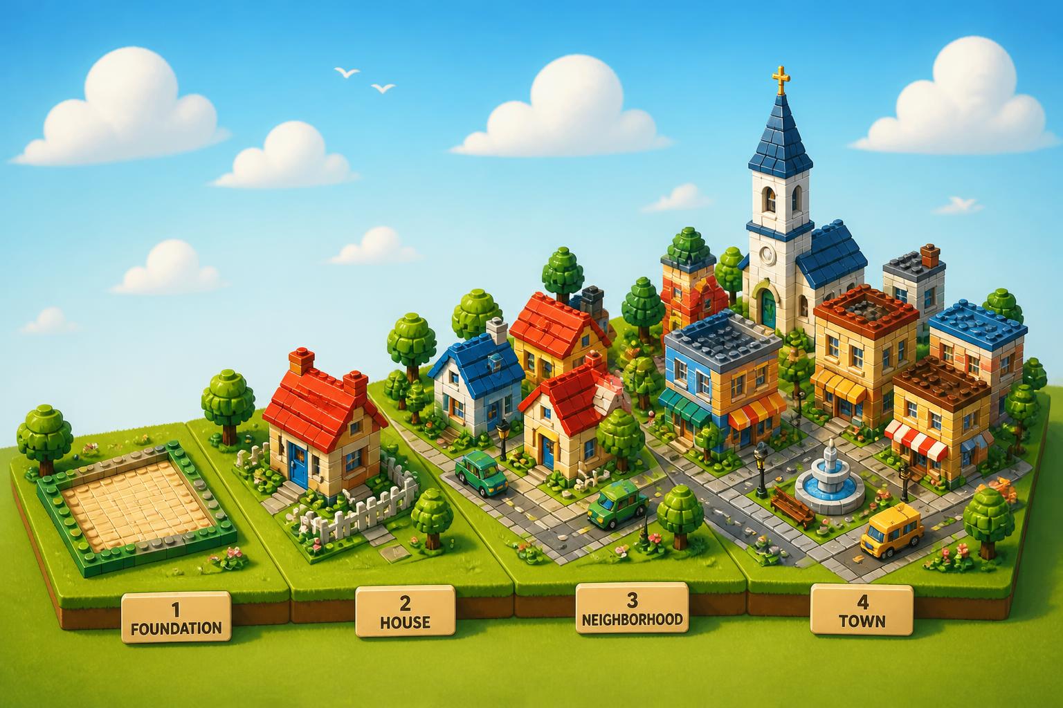Toy-brick city growing from foundation to kingdom